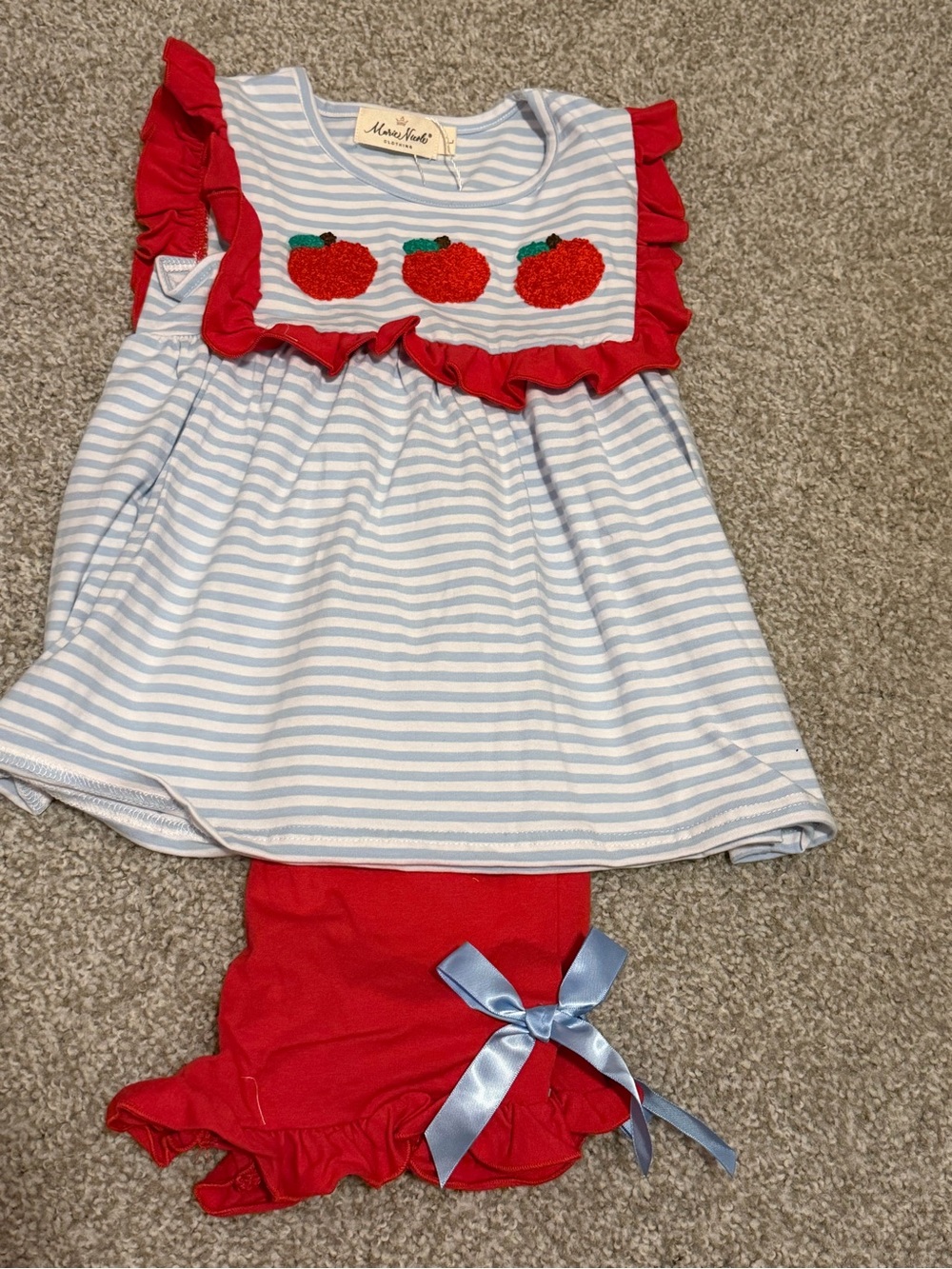 Marie Nicole Blue Stripe & Red Apple Girls Set